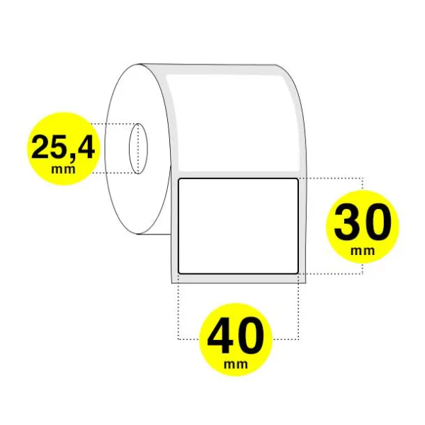 Etichette adesive mm 40x30 - carta termica diretta - anima 25 - confezione da 12 rotoli.