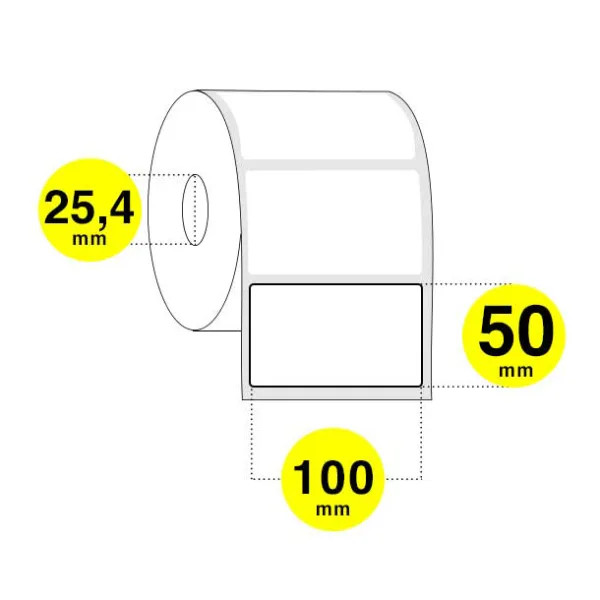 Etichette 100x50 con anima 25 mm. Base 100mm. altezza 50mm. Sono realizzate in carta bianca adesiva. Hanno bisogno del ribbon o nastro per la stampa.