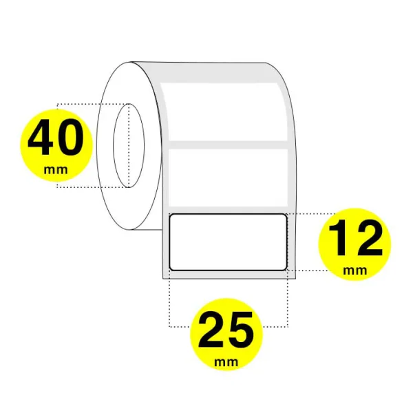 Rotolo etichette adesive larghezza 25 mm e altezza di 12 mm con anima 40 mm- il rotolo contiene 2800 etichette e ci sono 6 rotoli per confezione.- il prezzo si riferisce alla confezione.