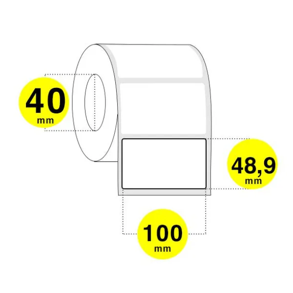 Etichette adesive 100x49 con anima 40 mm. Base 100mm. altezza 49mm. Sono realizzate in carta bianca adesiva. Hanno bisogno del ribbon o nastro per la stampa.