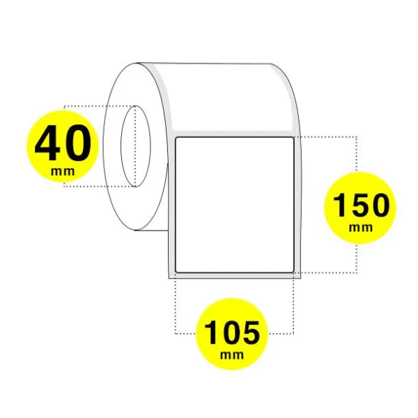 Etichetta segnacollo 105x150 mm con anima 40 mm. Base 105mm. altezza 150mm. Sono realizzate in carta bianca adesiva. Hanno bisogno del ribbon o nastro per la stampa.