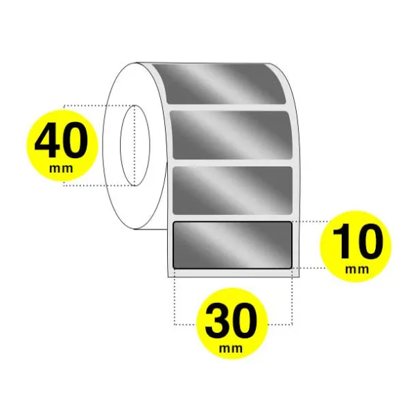 Etichette poliestere argentato 30x10 mm - confezione da 6 rotoli x 2500 etichette - PLAR400110 Etichette poliestere argentato 30x10 mm. - rotolo da 2500 etichette con anima da 40 mm.