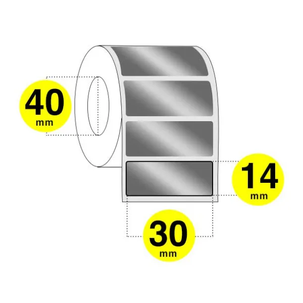 Etichette argentate 30x14 - rotolo da 2000 etichette-anima 40-confezione da 6 rotoli-PLAR400210 Etichette argentate mm. 30x14 - Sono realizzate in poliestere argento con colla permanente.