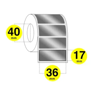 Etichette poliestere argento mm. 36 x 17 - Rotolo da 1300 etichette con anima da 40 mm.