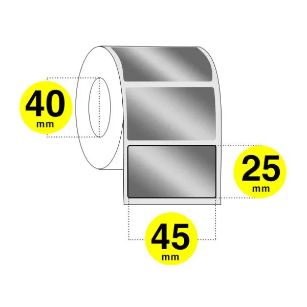 Etichette adesive argentate larghezza 40 mm - altezza 25 mm - rotolo da 1500 etichette con anima 40 mm- confezione da 6 rotoli.