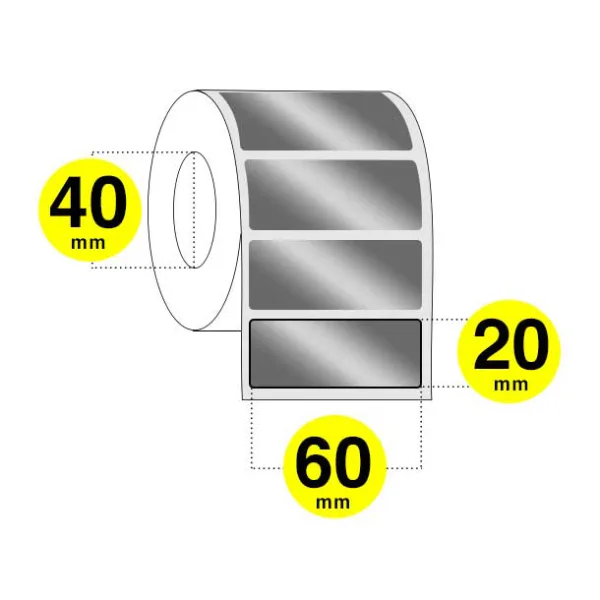 Etichette argento larghezza 60 mmaltezza 20 mm - rotolo da 1900 etichette anima 40- confezione da 6 rotoli.