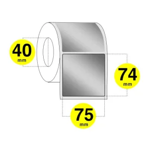 Etichette in poliestere argento larghezza 75 mm - altezza 74 mm - rotolo da 550 etichette anima 40 mm - confezione da 6 rotoli.